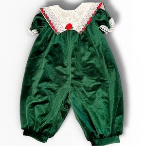 VTG 90s Kalula Kids Lace Collar Baby Girl Green 6-9 Mo Bubble Romper Jumpsuit A8